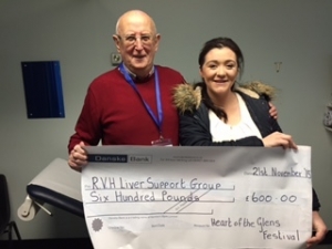 Deborah McKillop presents a cheque to Gordon Cave, President of the RVH Liver Support Group