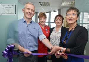 Kay Duffy cuts the ribbon at the official opening as Dr McDougall, Sr Sharon Moffett and Angela Costello look o.
